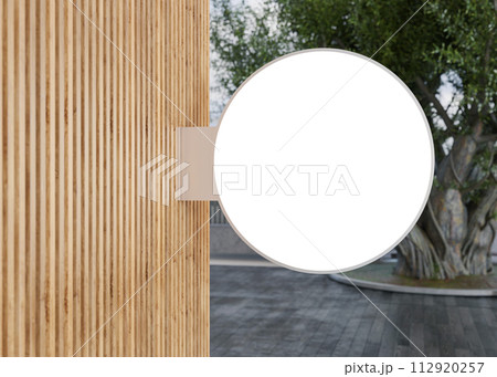 Blank round signboard mock up, on facade. Copy space for store sign, logo, advertising. Modern empty outdoor signage, mockup to add company logo. Shop Signboard. Illuminated lightbox on the wall. 3D. 112920257