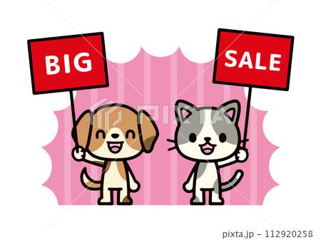 セールの看板を持っている犬と猫のキャラクターのイラスト 112920258