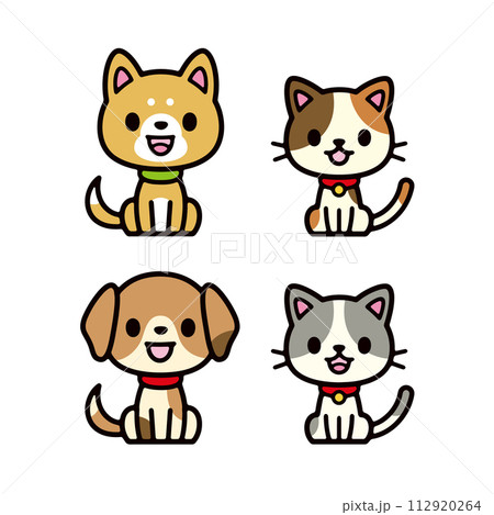 正面を向いてお座りする犬と猫のイラストセット 112920264