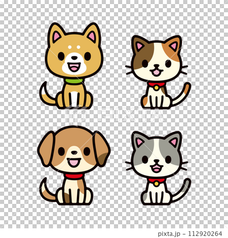 正面を向いてお座りする犬と猫のイラストセット 112920264