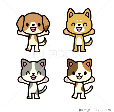 笑顔で手を振る犬と猫の擬人化イラストセット 112920270