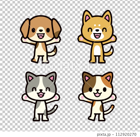 笑顔で手を振る犬と猫の擬人化イラストセット 112920270