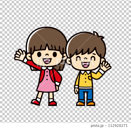 男孩和女孩微笑著揮手的插圖 112920271