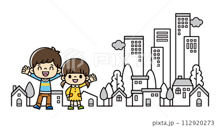 都会を背景に元気に手を振る子供たちのイラスト 112920273