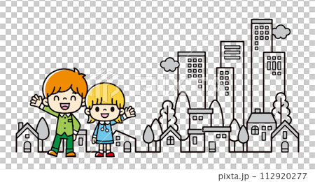 Illustration of a monochrome cityscape and brothers waving with smiles 112920277
