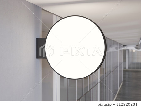 Blank round signboard mock up, on facade. Copy space for store sign, logo, advertising. Modern empty outdoor signage, mockup to add company logo. Shop Signboard. Illuminated lightbox on the wall. 3D. Blank round signboard mock up, on facade. Copy space for store sign, logo, advertising. Modern empty outdoor signage, mockup to add company logo. Shop Signboard. Illuminated lightbox on the wall. 3D. 112920281