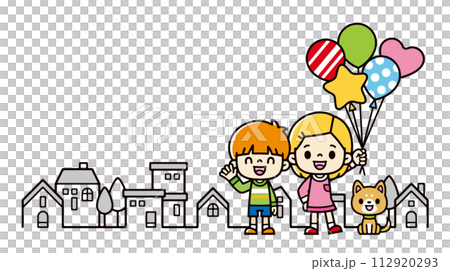 街並みで風船を持つ男の子と女の子のイラスト 112920293