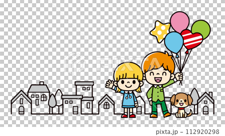街並みに立って風船を持つ子供たちのイラスト 112920298