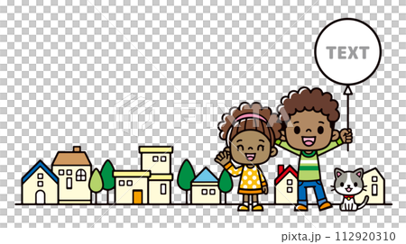 住宅街に立つ風船を持った黒人の子供たちのイラスト 住宅街に立つ風船を持った黒人の子供たちのイラスト 112920310