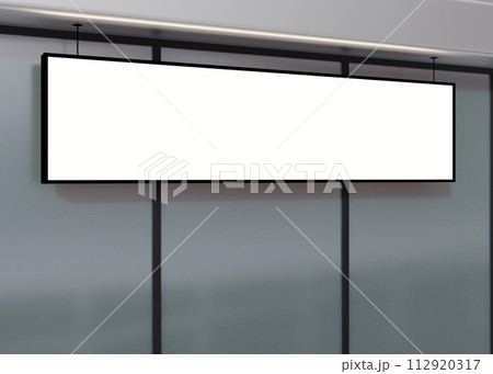 Blank signboard, billboard mock up, on the facade. Copy space for store sign, logo, advertising. Modern empty outdoor signage, mockup to add company logo. Shop Signboard. Illuminated lightbox. 3D. 112920317