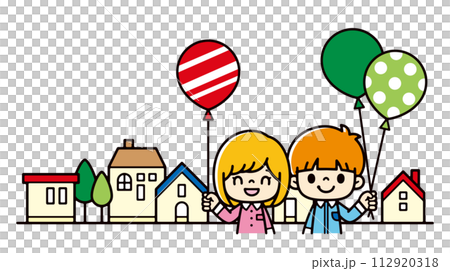 家の前で風船を持つ白人の子供たちのイラスト 112920318