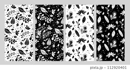 Seamless neo folk art vector patterns set with flowers, black and white floral design. Neo folk style endless background perfect for textile design. Seamless neo folk art vector patterns set with flowers, black and white floral design. Neo folk style endless background perfect for textile design. 112920401