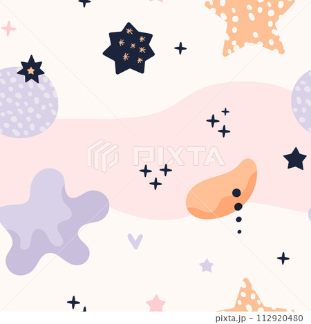 Bohemian baby pattern. Seamless baby pattern in boho style. Bohemian pattern for kids with organic shapes and stars on white background. 112920480