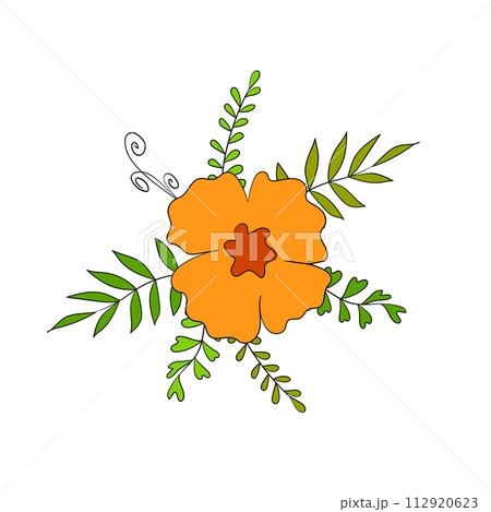 Floral set based on traditional folk art ornaments. Isolated color flowers with leaves. Doodle style. Vector illustration. Simple minimalistic nature element 112920623