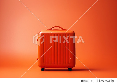Close-up of a vintage leather suitcase on a corrugated brown background, perfect for retro-themed designs and advertisements. Retro-style leather suitcase with a vintage vibe 112920816