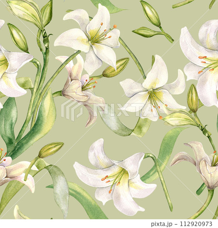 Flowers pastel color seamless pattern isolated on green. White lilies watercolor background. Backdrop with lilium and leaves. Floral design for wedding invitation, christening, Easter card, textile 112920973