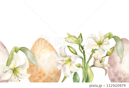 Easter seamless banner with eggs and white flowers. Lilies pastel color watercolor illustration isolated on white. Lilium botanical art hand drawn. Design for Christianity holiday, Easter invitation 112920974