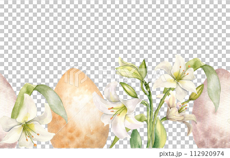 Easter seamless banner with eggs and white flowers. Lilies pastel color watercolor illustration isolated on white. Lilium botanical art hand drawn. Design for Christianity holiday, Easter invitation 112920974