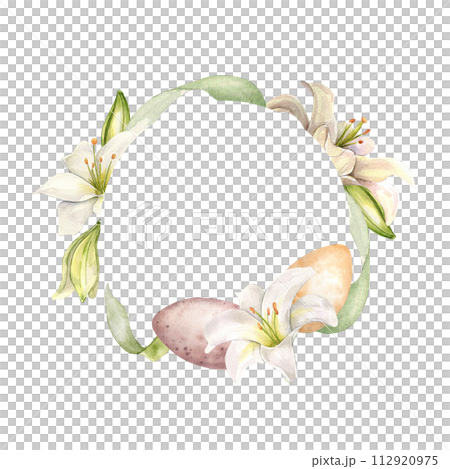 Easter wreath in pastel colors with eggs and white flowers. Lily and bud watercolor illustration isolated on white. Lilium botanical art hand drawn. Design for Christianity holiday, Easter invitation 112920975