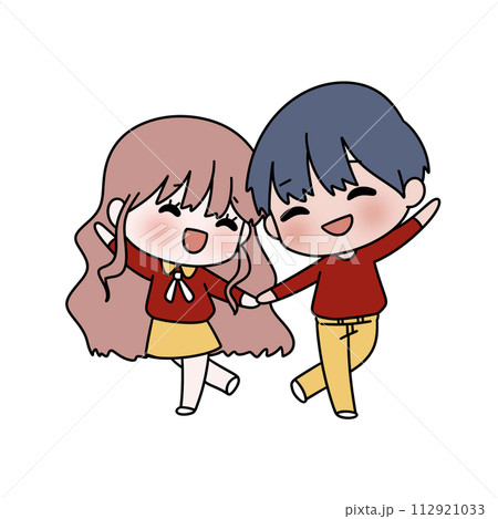 A cartoon couple is holding hands and smiling 112921033