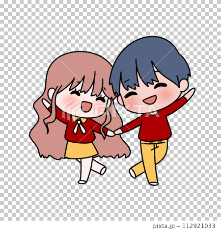 A cartoon couple is holding hands and smiling 112921033