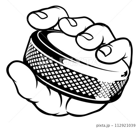 Hand holding Ice Hockey Puck Cartoon 112921039