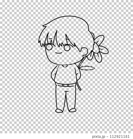 A young boy is holding a flower in his hand A young boy is holding a flower in his hand 112921181