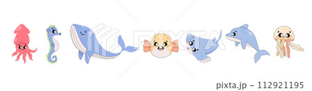 cute sea animals, set, on white background, fugu, whale, dolphin, cuttlefish, jellyfish. Underwater world. 112921195