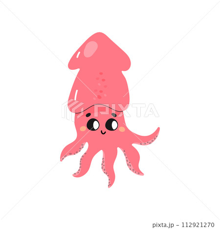 Cute cuttlefish, octopus, squid, t-shirt print, kids poster, on white background. Underwater world with seaweed. 112921270