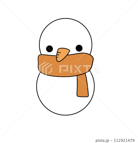 A cartoon snowman with an orange scarf wrapped around his neck 112921479