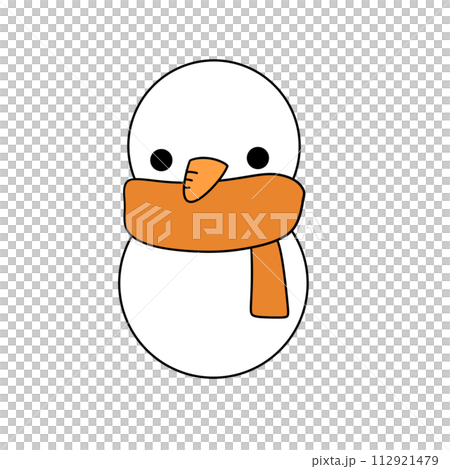 A cartoon snowman with an orange scarf wrapped around his neck 112921479