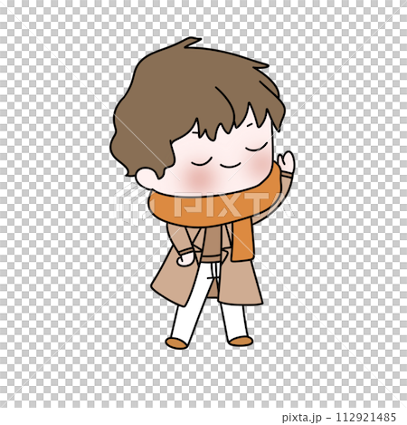 A cartoon boy is wearing a scarf and is waving A cartoon boy is wearing a scarf and is waving 112921485