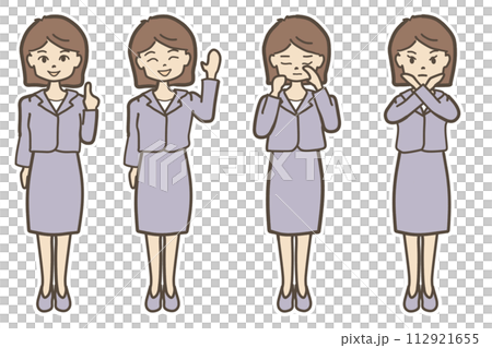 スーツを着た若い女性の表情セット　案内　解説 112921655