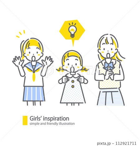 アイデアを思いつく女の子たち　シンプルでお洒落な線画イラスト 112921711