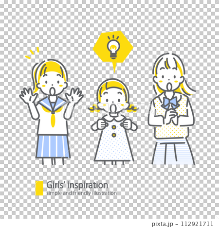 アイデアを思いつく女の子たち　シンプルでお洒落な線画イラスト 112921711