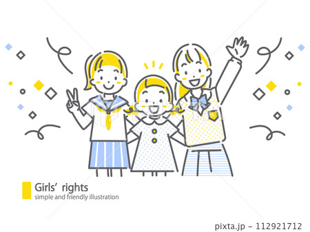 明るい笑顔の女の子たち　シンプルでお洒落な線画イラスト 112921712