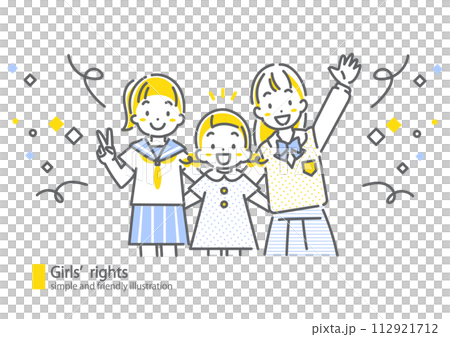 明るい笑顔の女の子たち　シンプルでお洒落な線画イラスト 112921712