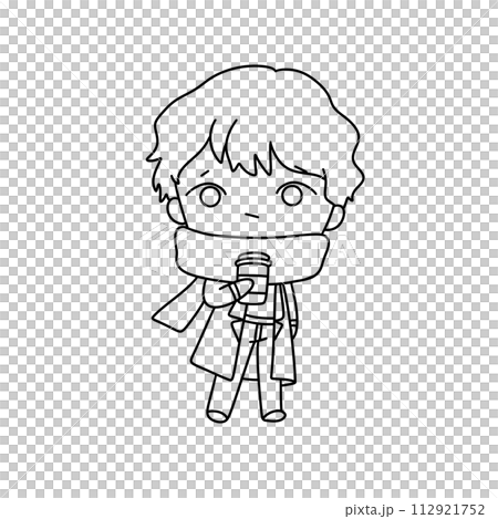 A cartoon boy is holding a cup of coffee and wearing a scarf 112921752