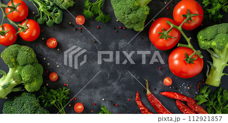 AI-generated item. Vegetables and herbs on dark background. Top view with copy space. 112921857