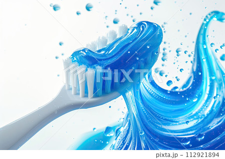 AI-generated item. Toothbrush with blue toothpaste and splash on white background.	 112921894