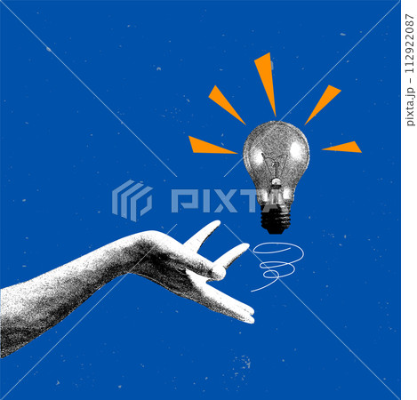 Contemporary art collage. Vector illustration. Black and white drawn hand gently pointing to monochrome light bulb. Generate ideas. 112922087