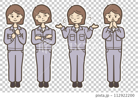 穿著灰色工作服的女人的全身插圖 訊息和解釋 112922200