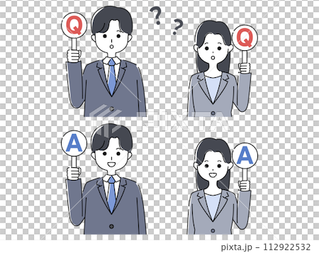 Men and women in suits holding quiz placards 112922532