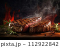 AI-generated content. Two grilled meat steaks with smoke with rosemary and pepper on cutting board on flame background AI-generated content. Two grilled meat steaks with smoke with rosemary and pepper on cutting board on flame background 112922842