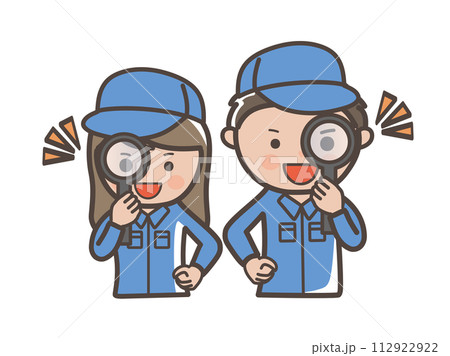 虫眼鏡を覗いて点検、検査をする男女作業員（清掃員）のイラスト 112922922