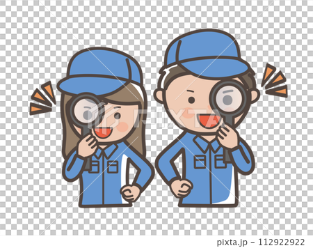 虫眼鏡を覗いて点検、検査をする男女作業員（清掃員）のイラスト 112922922
