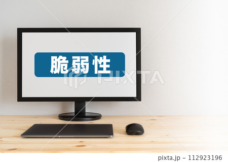 脆弱性の文字が表示されている画面とパソコン 脆弱性の文字が表示されている画面とパソコン 112923196