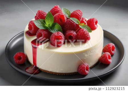 Tasty raspberries cheesecake with cheesecake on a Light grey stone background. 112923215