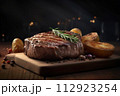 AI-generated content. Grilled beef filet mignon steak with roasted potato, rosemary and pepper on wooden cutting board AI-generated content. Grilled beef filet mignon steak with roasted potato, rosemary and pepper on wooden cutting board 112923254