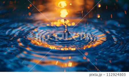夕日に照らされて輝く水面の波紋　AI生成画像 112924803